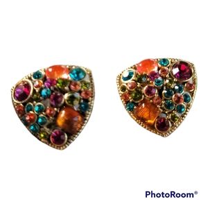 Vtg Multicolored Stones Clip On Earrings